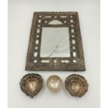 An Antique Persian Silver Mirror with Two Silver Bonbon dishes and a Silver Salt. 29 x 20cm -