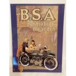 Vintage metal advertising sign for BSA MOTOR BICYCLES in art deco style.