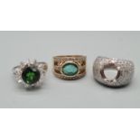 Three 18K Gold Rings: An 18k White Gold Diamond and Green Tsavorite (2.5ct) Large Centre-Stone. Size