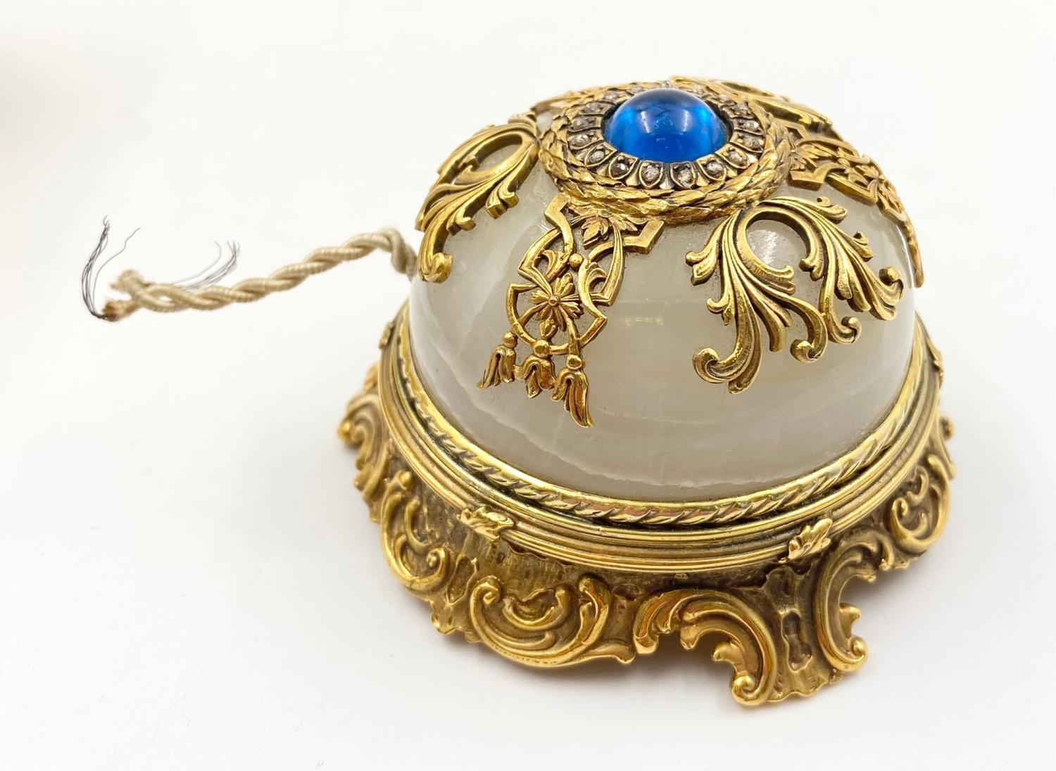 An Antique Russian Silver Gilt and Diamond Table Bell. White Onyx with a centre Sri Lankan Sapphire. - Image 2 of 6