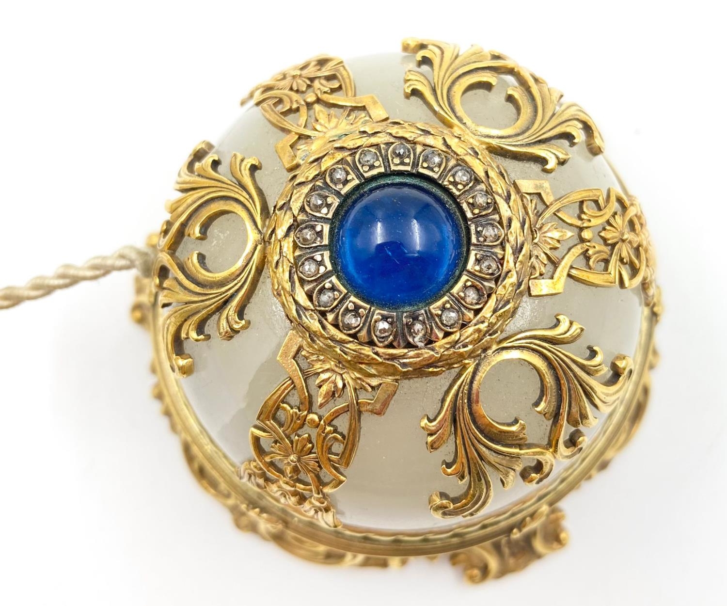 An Antique Russian Silver Gilt and Diamond Table Bell. White Onyx with a centre Sri Lankan Sapphire. - Image 3 of 6