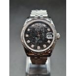 LADIES ROLEX OYSTER PERPETUAL DATEJUST IN STAINLESS STEEL WITH UNUSUAL ROLEX PATTERNED FACE AND