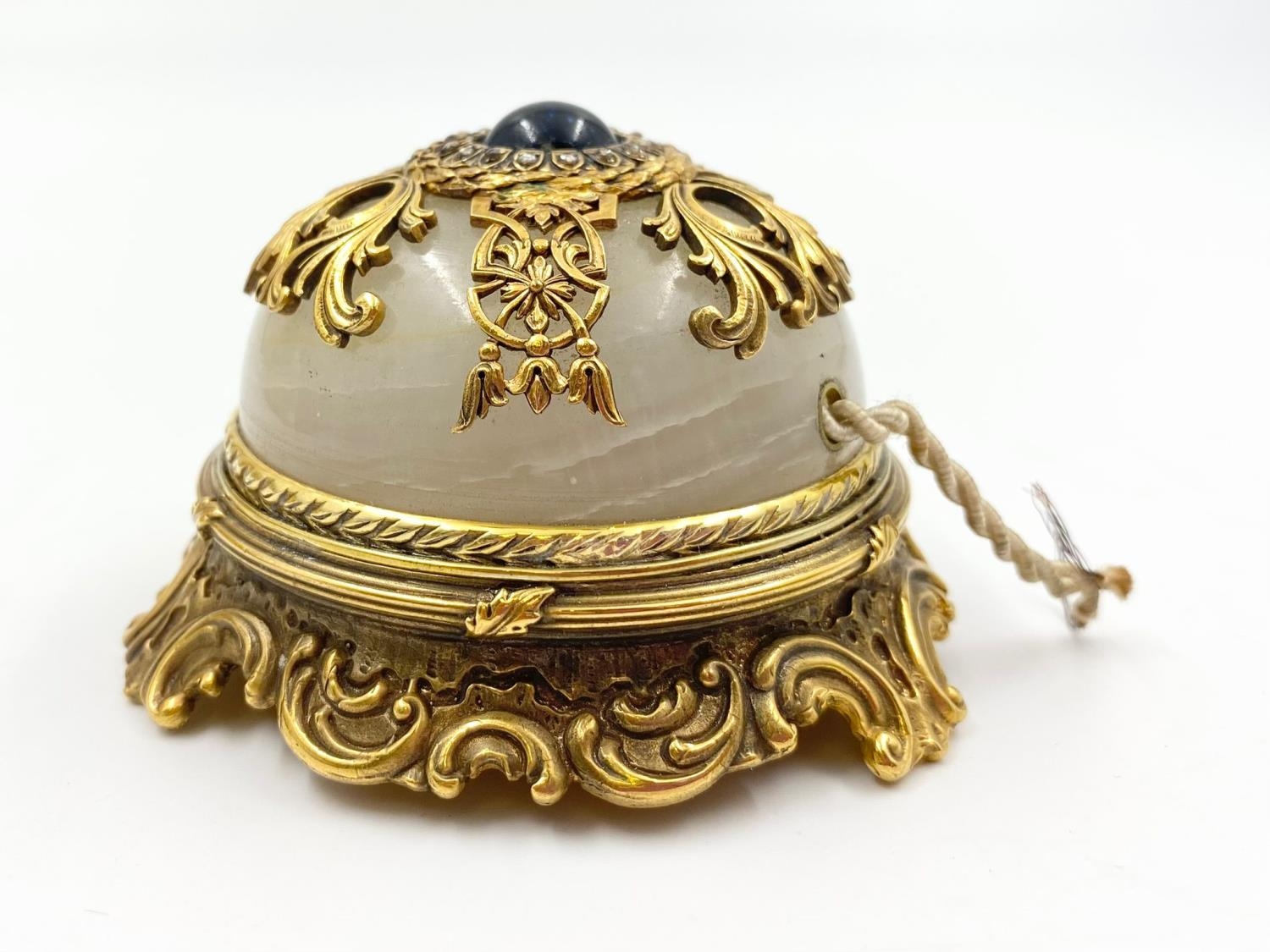 An Antique Russian Silver Gilt and Diamond Table Bell. White Onyx with a centre Sri Lankan Sapphire. - Image 5 of 6