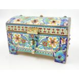 An Antique Russian Silver Gilt and Cloisonné Enamel Jewellery Box. Rich interior gilding and
