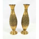 A Pair of Brass Hand-Chased Vases. 27cm tall.