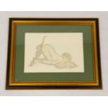 A provoking, pencil drawing of an Edwardian, naturist young lady, wearing ankle boots and