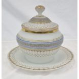 An Antique French Opaline Lidded Serving Bowl and Plate. Gilded decoration. Plate diameter - 29cm.