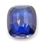 A large (44.4 carats), cushion cut, royal blue sapphire from Kashmir, India. Dimensions: 22.3 x 19.2
