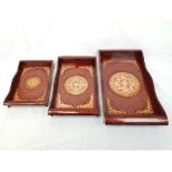 3x lacquered wooden trays with decorative Chinese etchings, largest size 60x35cm approx.