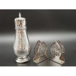 Silver Plate Sugar Shaker and Two Napkin Holders. 15cm - sugar shaker.