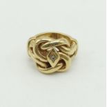 9k yellow gold heavy knot ring with diamond set to centre, weighs 34.4 grams, ring size Y