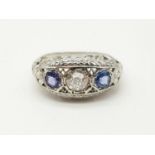 A Vintage Art Deco 18K White Gold (tested) Sapphire and Diamond Ring. Diamond 0.5ct (approx). Size