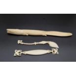 Three Antique Ivory Pieces. Includes a crocodile letter opener 22cm length.