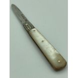 Antique Silver bladed FRUIT KNIFE with mother of pearl handle and clear hallmark for William Hazlett