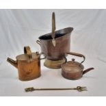 A Vintage Brass Collection of - A Coal Skuttle - Watering Can - Poker - Tea Pot.