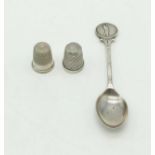 Two Vintage Silver Thimbles and a Silver Golfing Logo Spoon. 26g total weight.