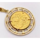 A 1896 22K Gold Sovereign - Encased in 9K Yellow Gold Backing - On a 9K Yellow Gold Figaro Necklace.