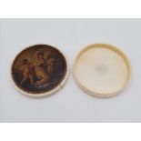 An Early Antique European Ivory Hand-Painted Box. A Cherub and Roman woman at play. Floral marking