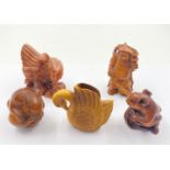 Five Wooden Miniature Figurines - Possibly Netsuke.