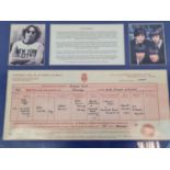 A John Lennon Birth Certificate Framed Reprint. Comes with a short biography and two pictures. In