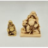 Two Antique Ivory Japanese Buddha Figurines - Quite Possibly Netsuke. 4.5 and 7cm tall. A/F