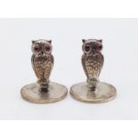 A Pair of Early Solid Silver Owl Figurine Menu-Holders. Ruby gemstone eye decoration. 27mm tall.