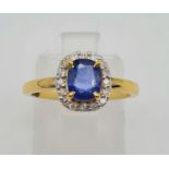 1.10ct Blue Sapphire Ring Sri Lanka, Heat Only with 0.16ct Diamonds. Size M