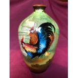 Antique ROYAL BONN hand-painted Cockerel vase, having two beautifully painted birds on a green