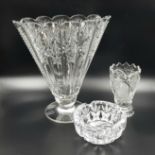 Three Lead Crystal Pieces: Fluted vase - 28cm, tooth-edge vase - 14cm and an ashtray - 12cm
