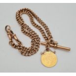 A 22K Gold 1907 10 Franc Coin Pendant on a Converted 9k Yellow Gold Fob Necklace/Chain. 40cm. 21.