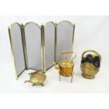 A Vintage Brass Fireplace Set. Includes coal bucket, teapot, coffee pot and a screen protector.