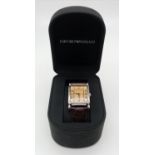 Emporio Armani tank watch with original brown leather strap in perfect working order, comes with