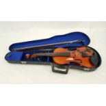 A Vintage Aubert and Mirecourt Violin. Comes in original case with bow. Attachment for amplifier. 60