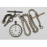 An Antique Miniature Silver-Cased Pocket Watch with Two Silver Fob Chains. Fob 1 - 30cm - 27g. Fob 2