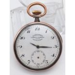 Antique enamel solid silver and gold Longine pocket watch, diameter 4cm, weight 54.8 grams