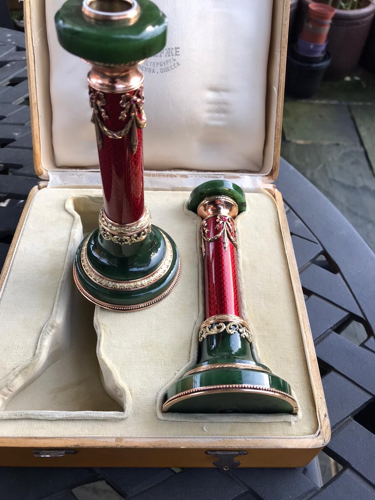 Russian 14k solid gold enamel nephrite jade candlesticks pair. HEIGHT:14.3 cm Diameter of base ::: - Image 10 of 10