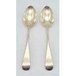 A PAIR OF SILVER HALLMARKED SPOONS. 87gms 18cms length