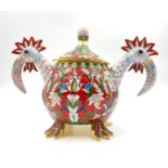 An Antique Russian Silver-Gilt and Cloisonné Enamel Lidded Bowl/Kovsh. Richly gilded with Double