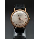 9ct Gold J.W.BENSON 1970s DATE WATCH in great working condition, Winding Up style with Black Leather