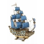 Magnificent rare Antique German or Austrian gold Gilded blue Enamel Sterling Silver Nef Ship with