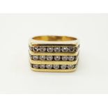 A 14K Yellow Gold Diamond 3 row Ring. 0.75ct. Size L 1/2. 8.4g