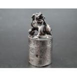 Antique 18th century Chinese solid silver pill box with calligraphy seal in the form of foo lion