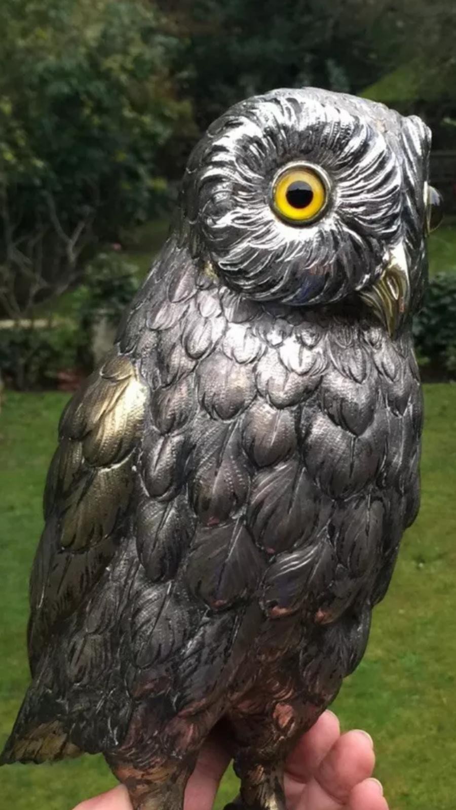 A stunning early 20th century very large sterling silver German owl statue figure c.1920 height : - Image 6 of 15