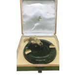 A Russian large silver gilt and diamond jade leopard ashtray SIZE LENGTH ::: 15.3 cm from tail to