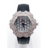 AN 18K WHITE GOLD AND DIAMOND DRESS WATCH BY SCALA WITH REAL LEATHER STRAP 36mm