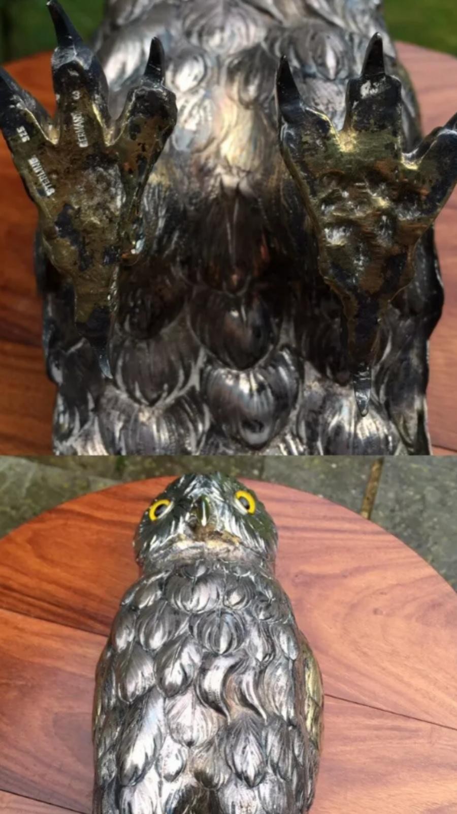 A stunning early 20th century very large sterling silver German owl statue figure c.1920 height : - Image 11 of 15