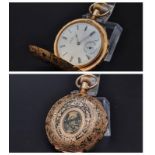 A Wonderful, Rare Antique Waltham 18K Gold and Enamel Full Hunter Pocket Watch. Scalloped-edge