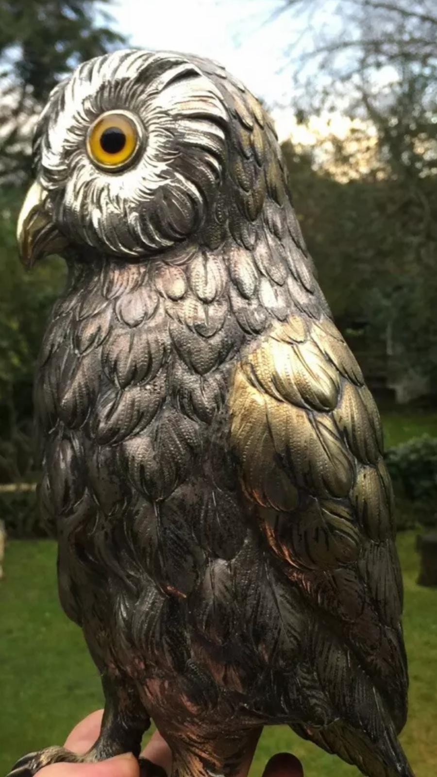 A stunning early 20th century very large sterling silver German owl statue figure c.1920 height : - Image 2 of 15