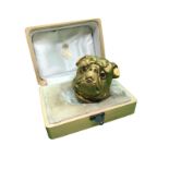 A Russian gilt silver and enamel diamond ruby bulldog snuff/pill box Weight 104.5 grams Diameter 3.