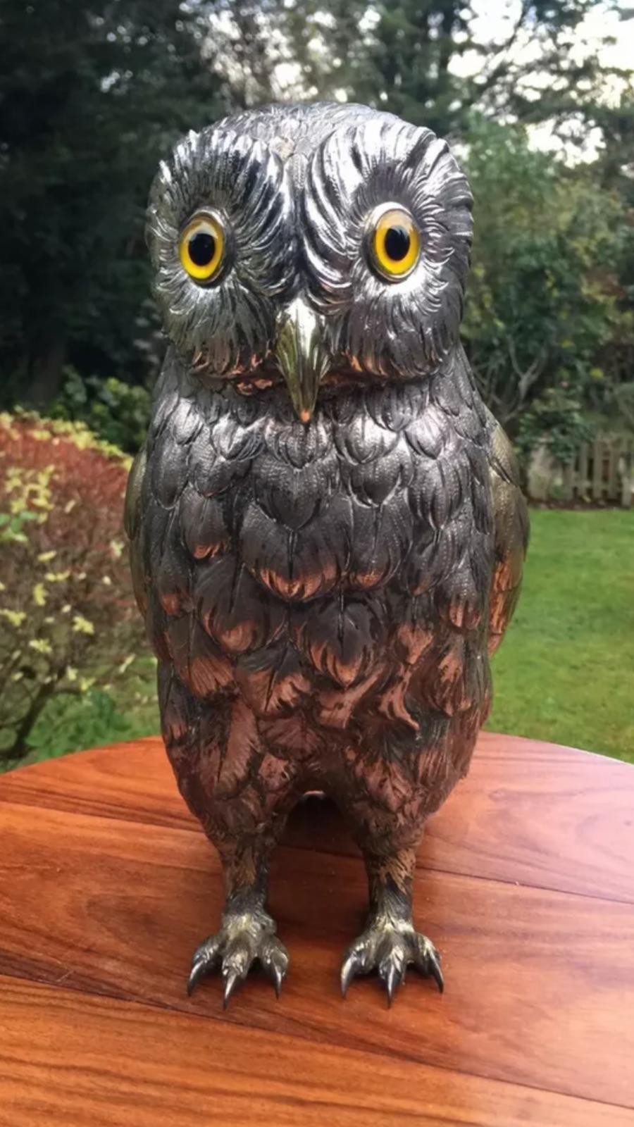 A stunning early 20th century very large sterling silver German owl statue figure c.1920 height :
